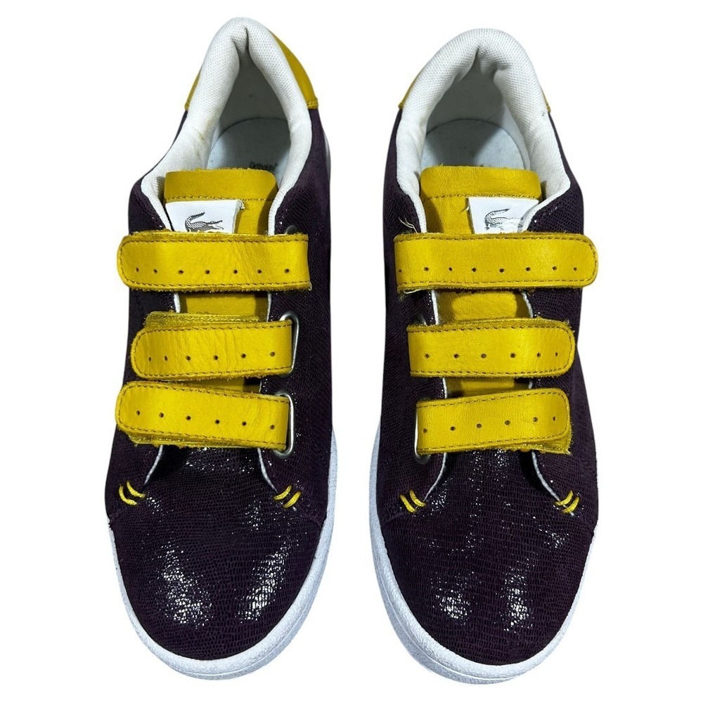 Lacoste Camden New Cup Textured Low Top Sneakers Purple Yellow Straps Size 8.5